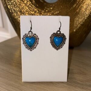 Turquoise Heart Dangle Earrings - Blue Heart Drop Earrings